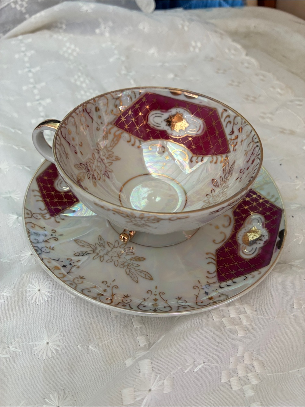Vintage Gold-Trim Floral Teacup & Saucer with Burgundy Panels